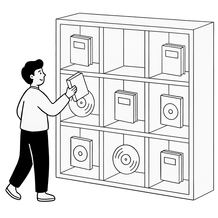 棚に好きな作品(本やレコード)を並べる人のイラスト